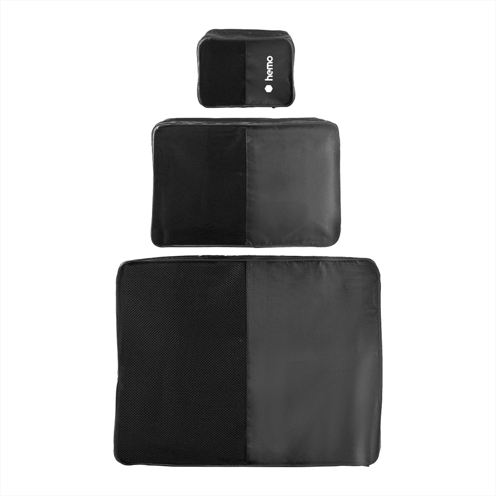 A set of three packing cubes in black, featuring a mix of smooth and mesh fabric. One cube is smaller and stacked above the others. Packing Cubes 3pc Set - Image 1