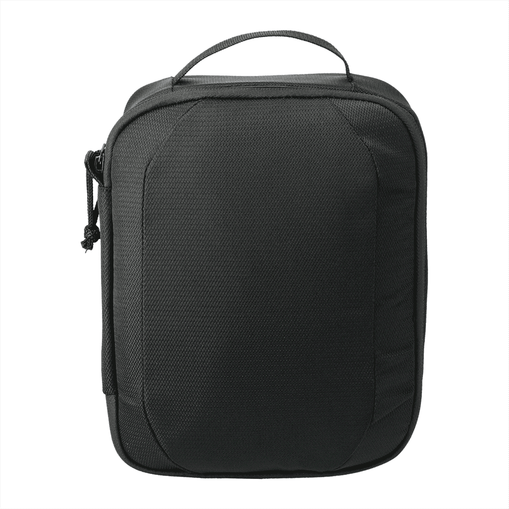 A black tech case with a handle, featuring a textured surface and a zip closure. It has a logo on the front. RPET Headphone & Tech Case - Image 1