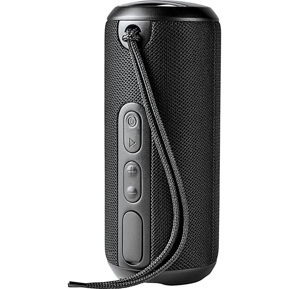 A black rugged fabric waterproof Bluetooth speaker with controls and a strap for easy carrying. Rugged Fabric Waterproof Bluetooth Speaker - Image 1