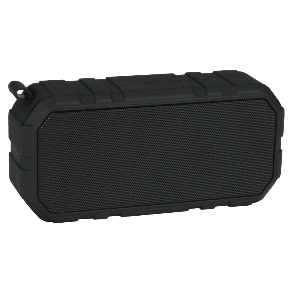 A black outdoor waterproof Bluetooth speaker with a textured surface and a rugged design, featuring a logo. Brick Outdoor Waterproof Bluetooth Speaker - Image 1