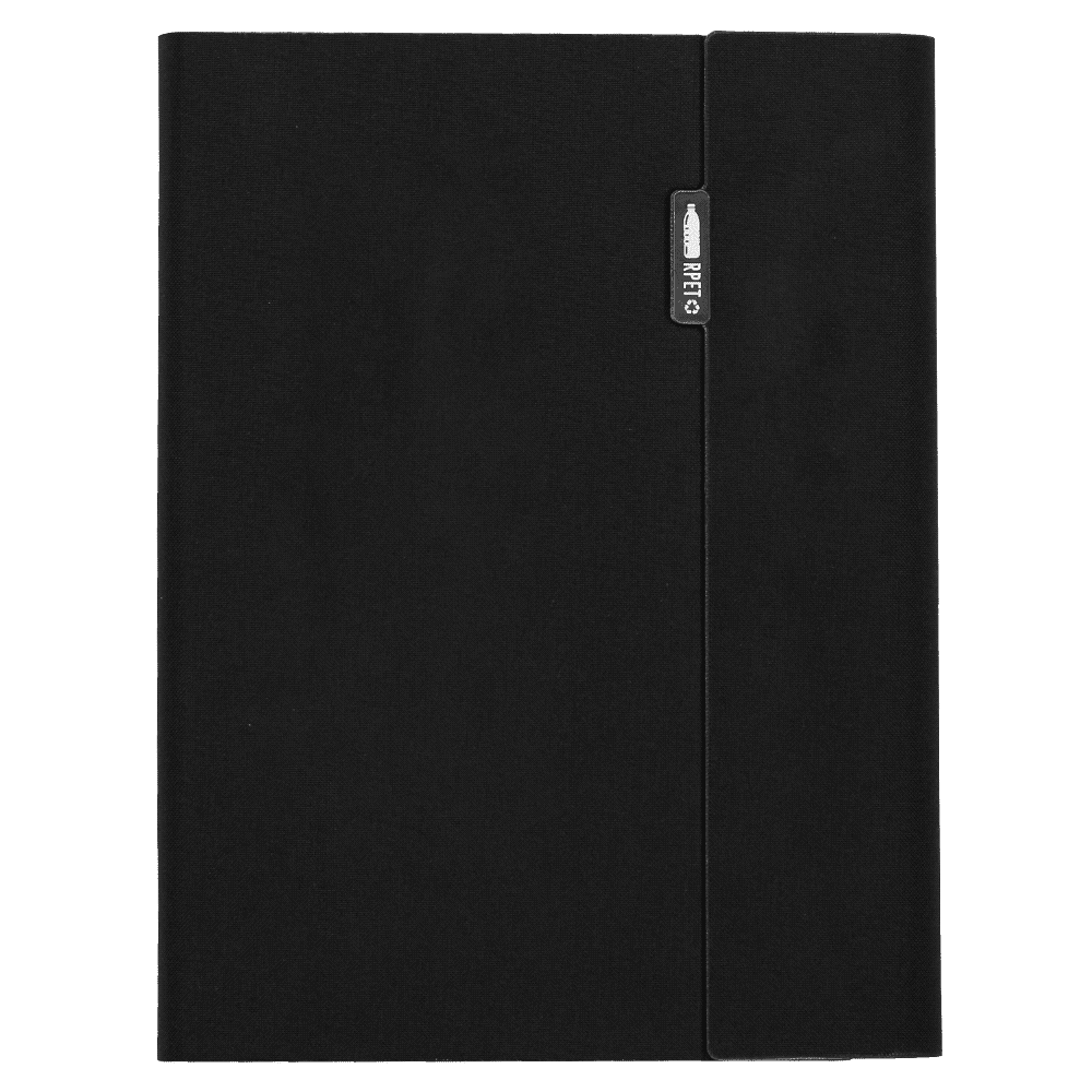 A5 RPET folio notebook in black, featuring a sleek design and a branding logo on the cover. A5 RPET Folio Notebook - Image 1