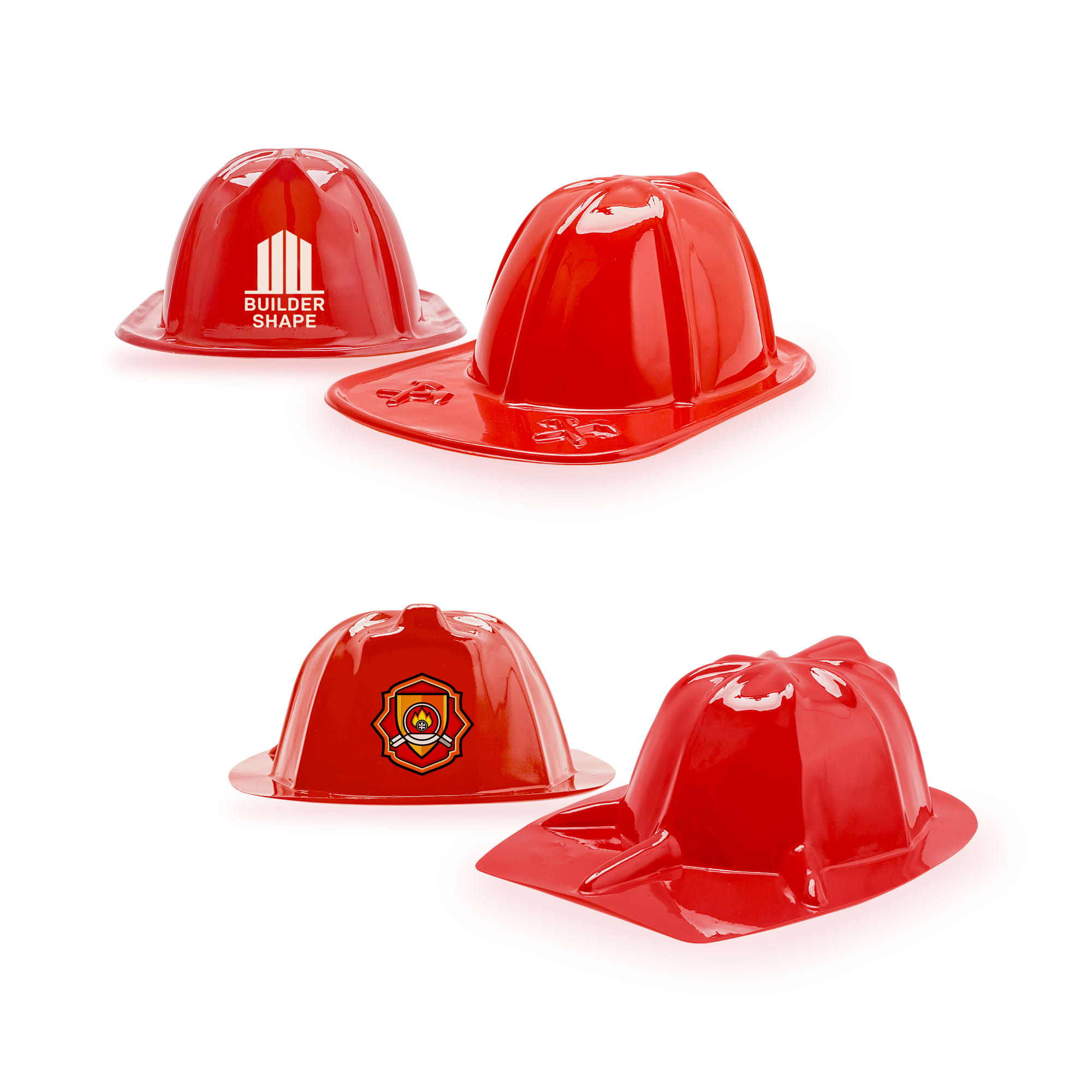 A red PVC fire chief hat with a shiny finish and a logo on one side. Suitable for promotional use. PVC Fire Chief Hat - Image 1