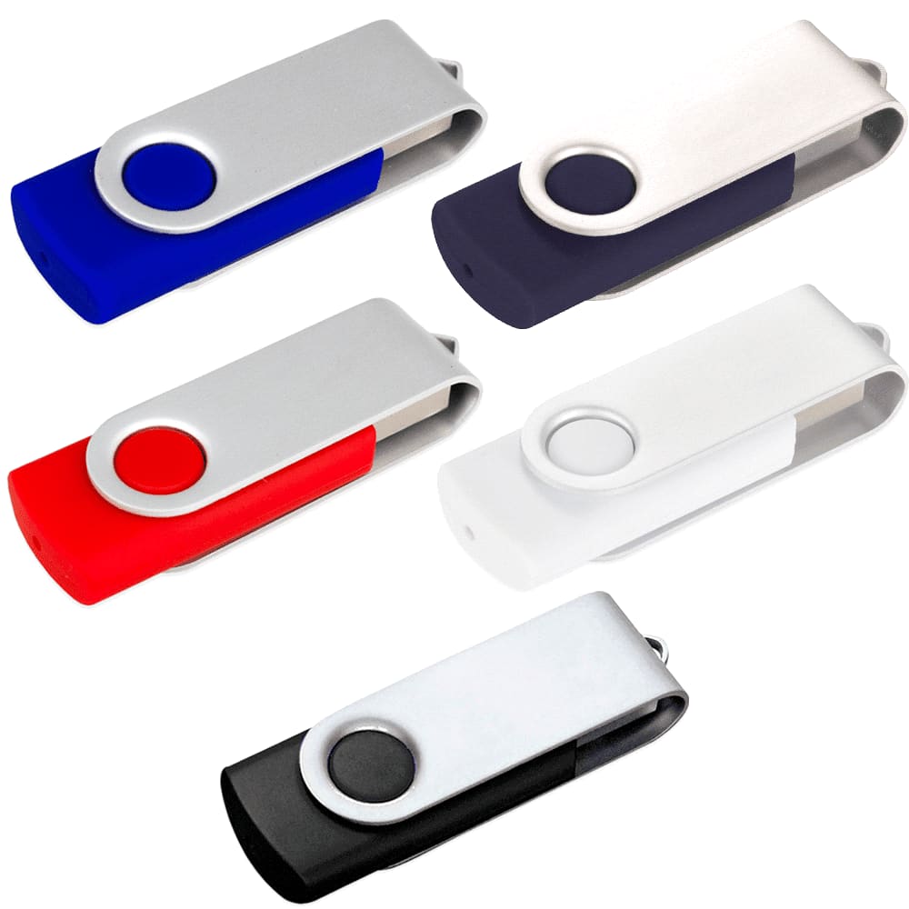 A collection of five Rotate USB flash drives in blue, red, navy, white, and black, each featuring a logo. Rotate USB - 16GB - Locally Stocked - Image 1