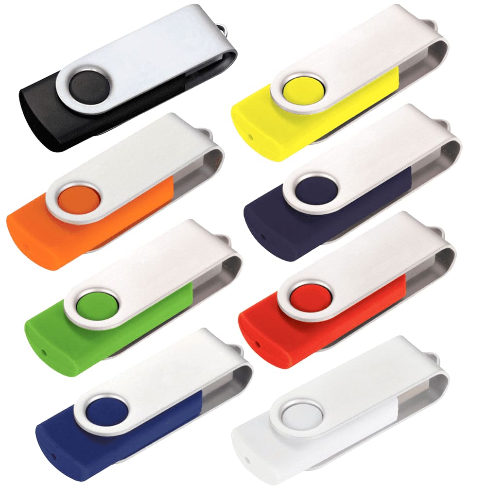 A collection of eight Rotate USB flash drives in various colours, featuring a white body and coloured accents. Rotate USB - 4GB - Locally Stocked - Image 1