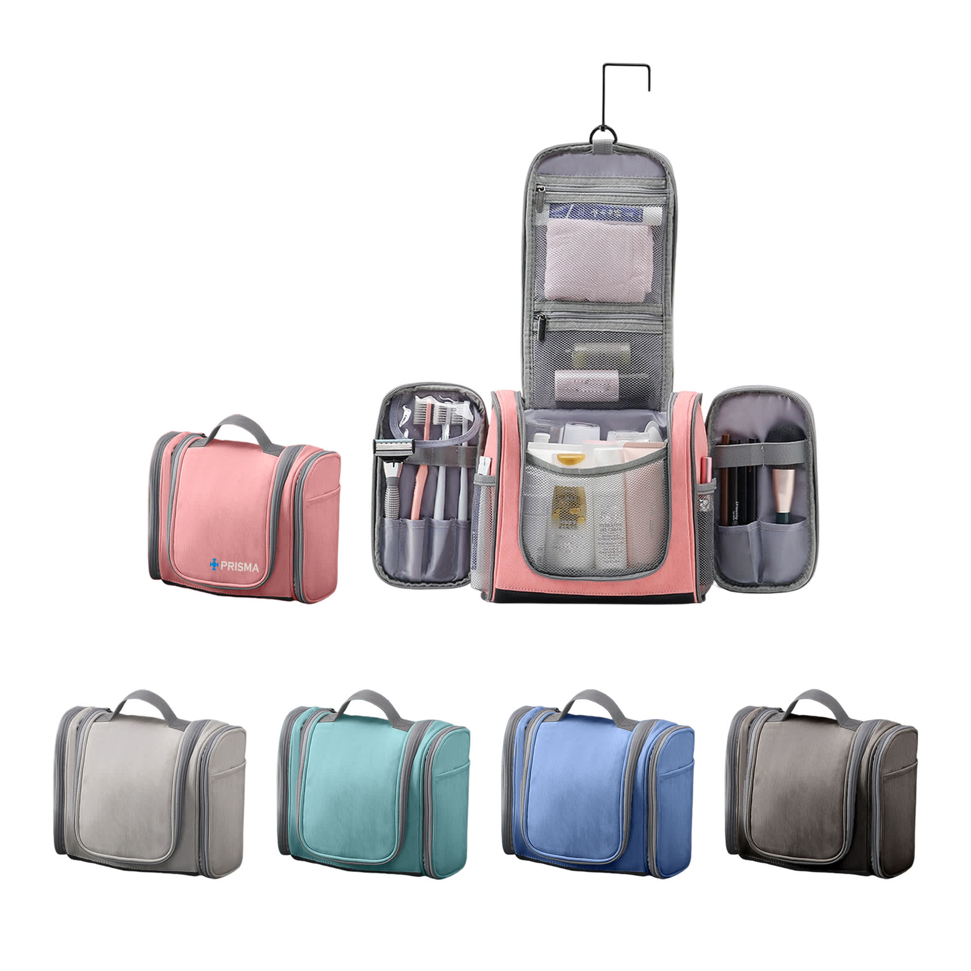 A pink travel storage bag with multiple compartments, featuring grey accents. Includes smaller storage bags in various colours: teal, blue, and grey. Travel Large Capacity Storage Bag - Image 1