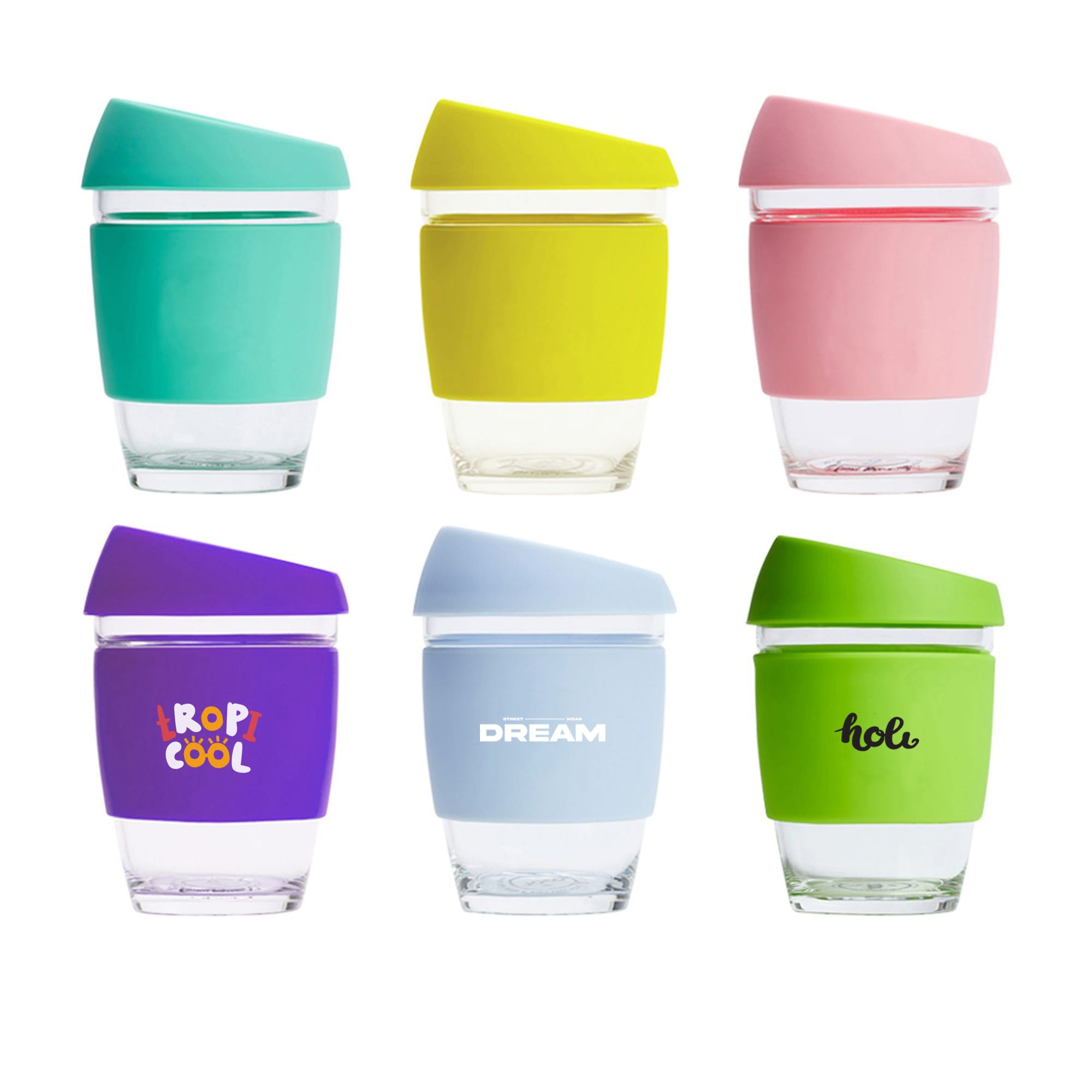 A collection of six reusable glass coffee cups in teal, yellow, pink, purple, light blue, and green, each with a lid and branding. 12 OZ Reusable Glass Coffee Cup - Image 1
