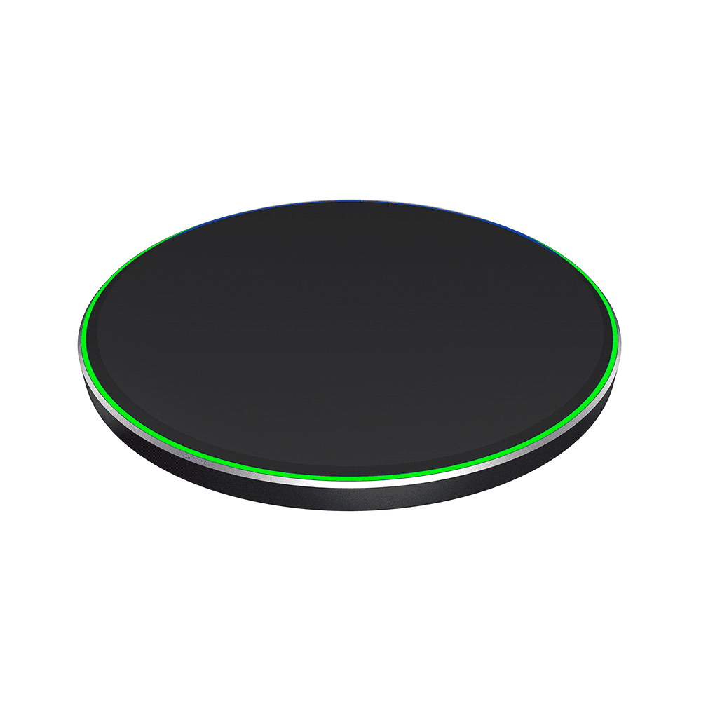 A black Qi wireless charger with a minimalistic design and a subtle multicoloured LED ring around the edge. QI Wireless Charger - Image 1
