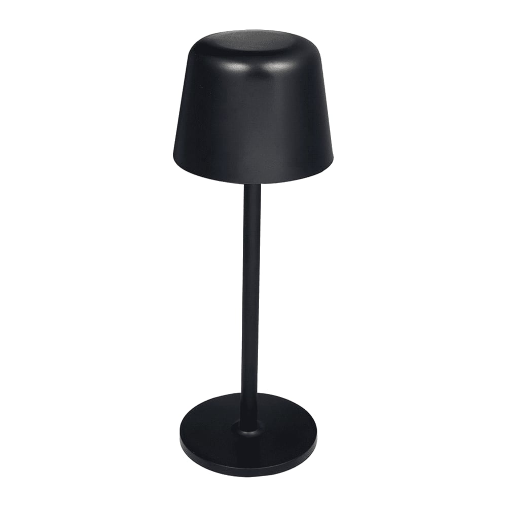 A black recycled mini rechargeable lamp with a cone-shaped shade and a circular base. Recycled Mini Rechargeable Lamp - Image 1