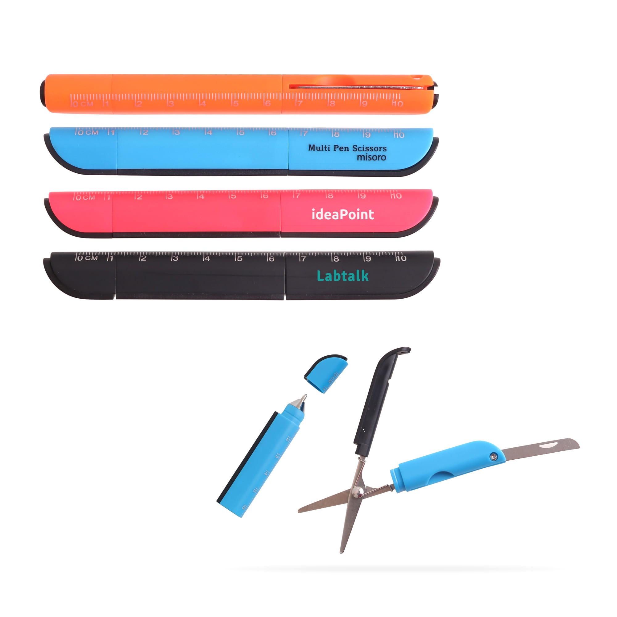 Multifunctional scissors in black and blue, featuring a ruler and a pen; includes multiple interchangeable parts. Multifunctional Scissors - Image 1