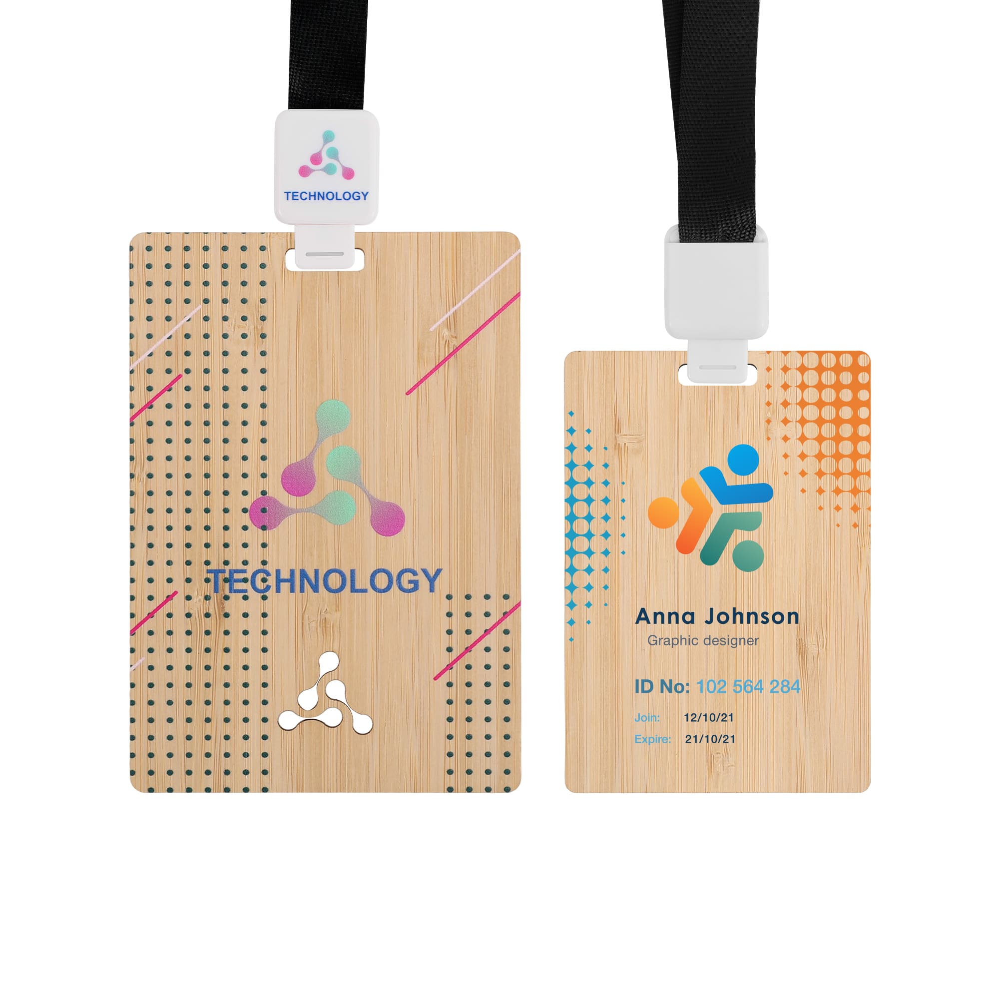 A bamboo name tag featuring a colourful design and a black attachment strap. One side displays a logo and text. Bamboo Name Tag - Image 1