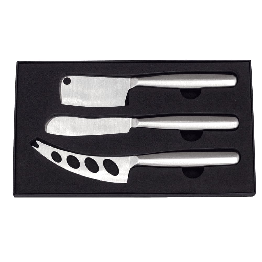 A stainless steel cheese knife set featuring three knives in a sleek black box. Stainless Steel Cheese Knife Set - Image 1