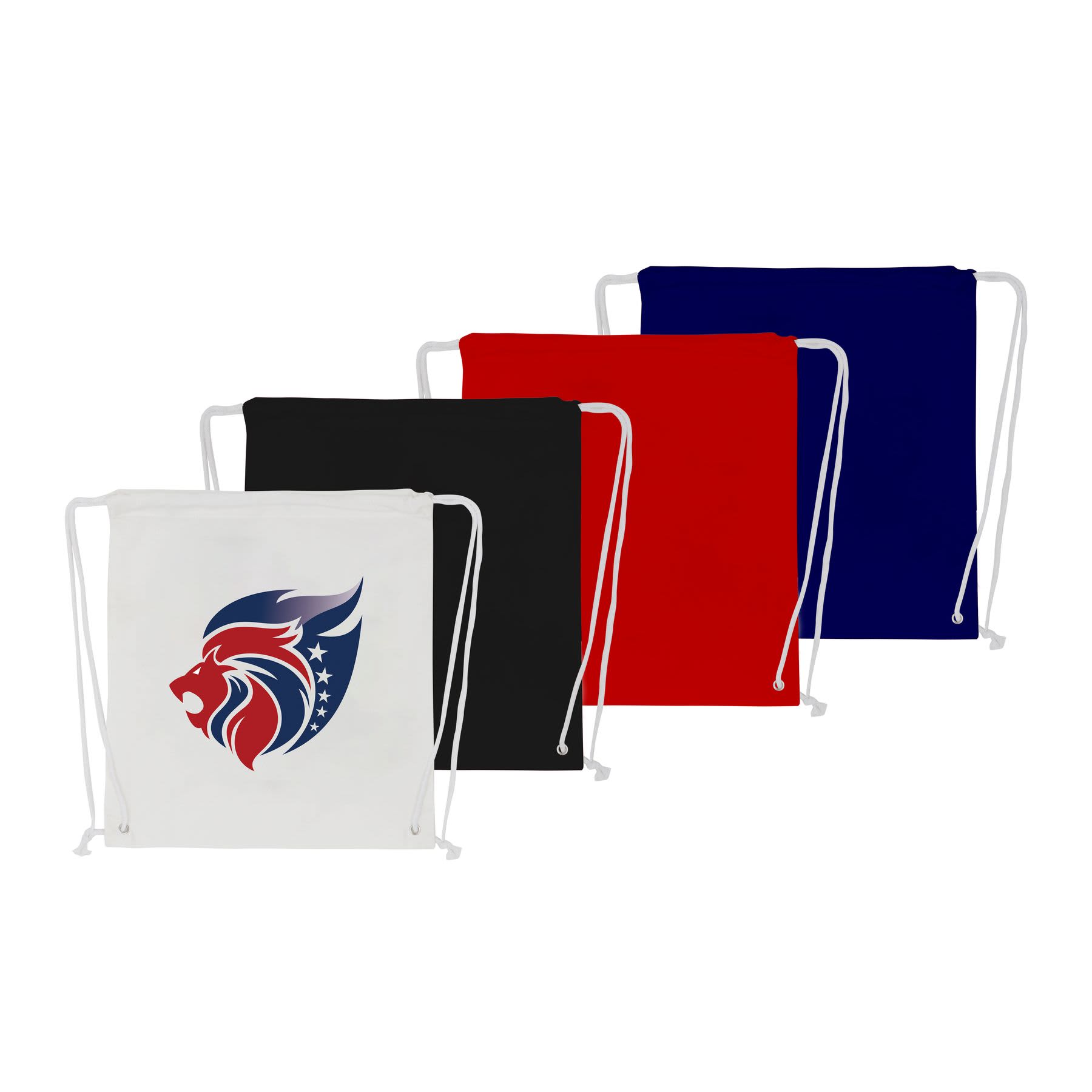 A set of four 170gsm drawstring cotton bags in white, black, red, and blue, each with a logo. 170gsm Drawstring Cotton Bag - Image 1