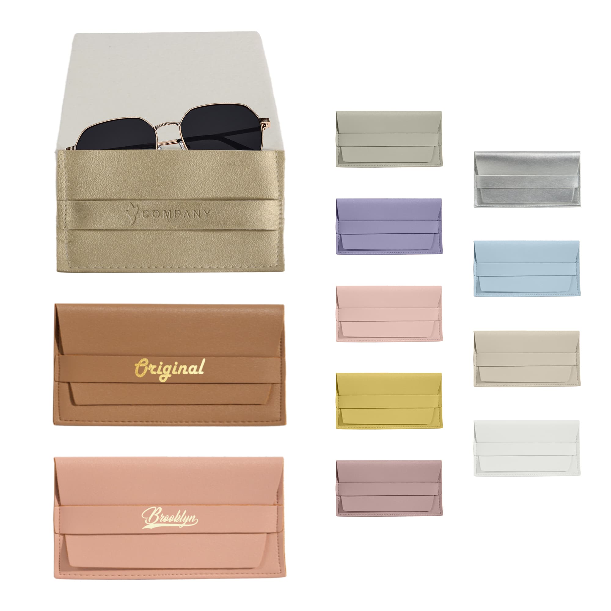 A collection of PU leather glasses pouches in various colours, including gold, pink, lavender, and sky blue, with logos. PU Leather Glasses Pouch B - Image 1