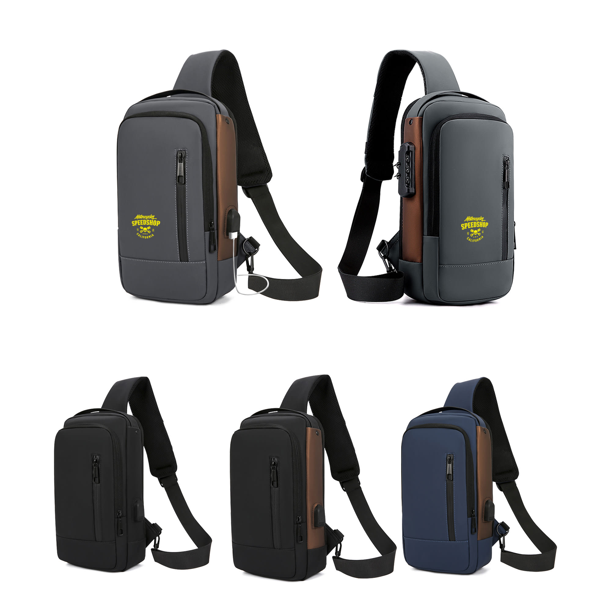 A collection of anti-theft sling bags in grey, black, and navy, featuring various pockets and a logo. Anti-Theft Sling Bag - Image 1