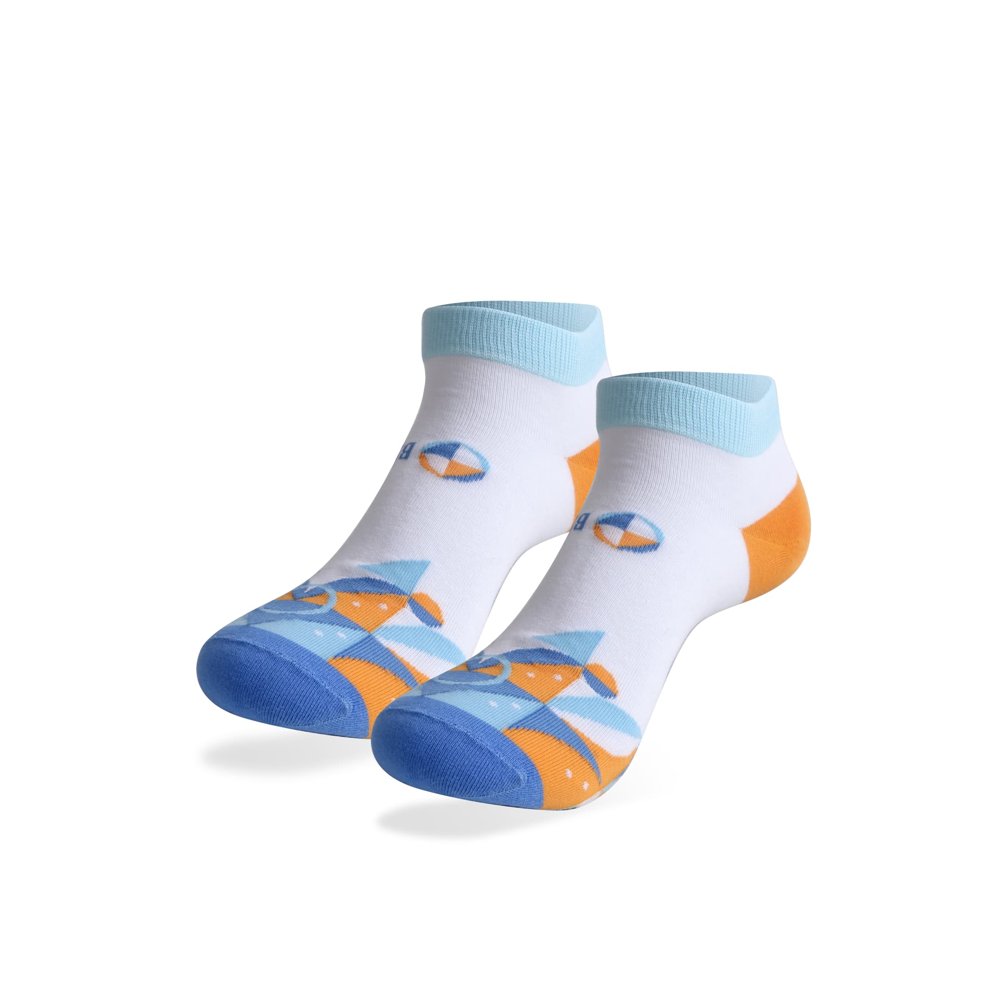 A pair of low cut socks featuring a custom pattern in blue, orange, and white with a light blue cuff. Low Cut Custom Pattern Socks - Image 1