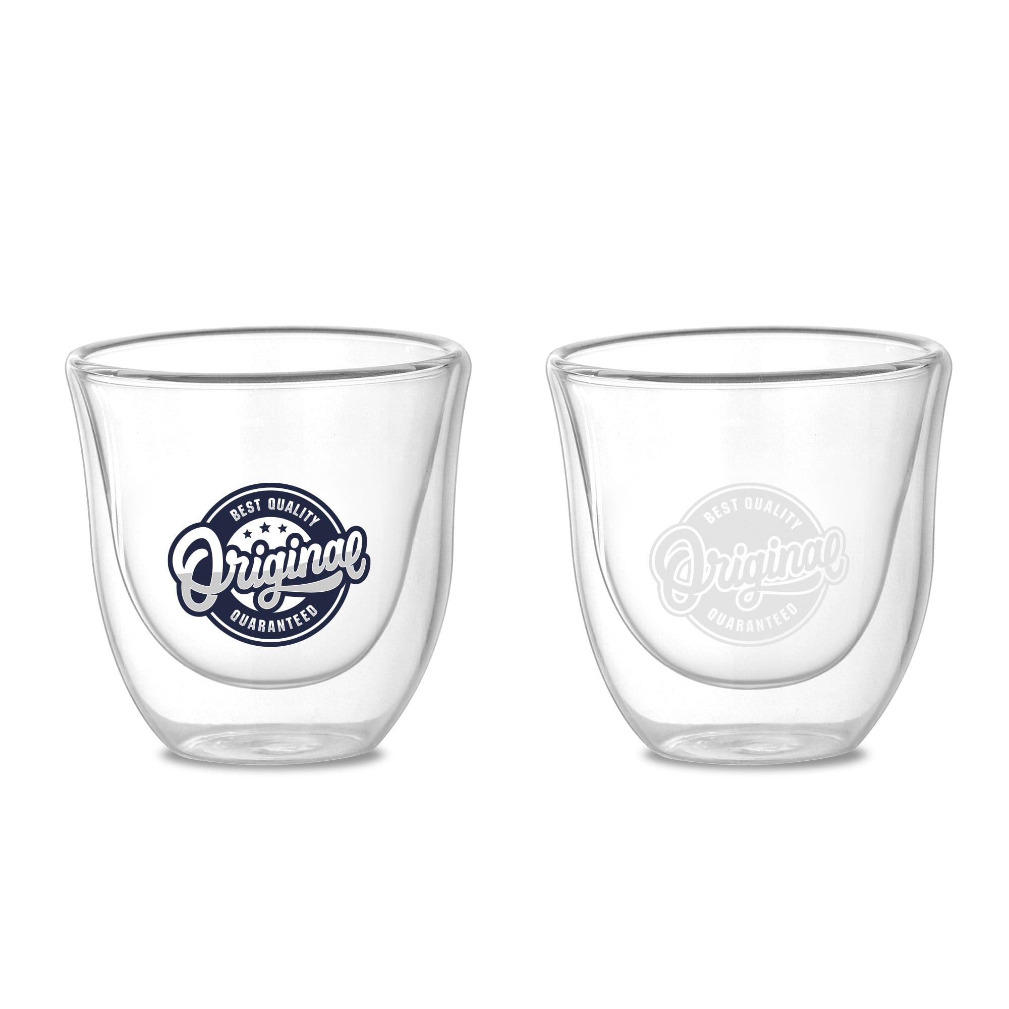 A double wall glass featuring a rounded design, with one side displaying a logo and the other side clear. Tulip Double Wall Glass - Image 1