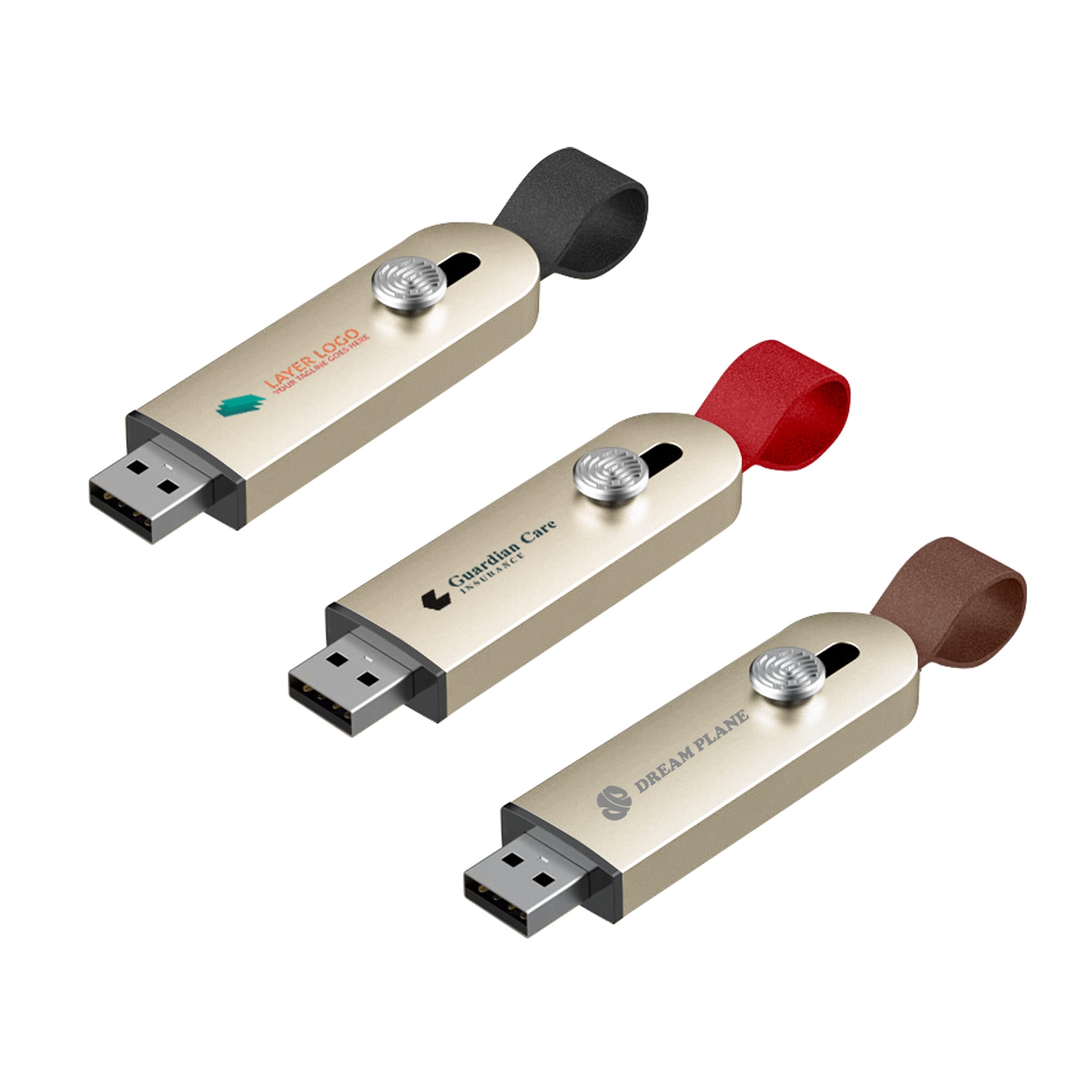 A sliding metal flash drive in gold with black, red, and brown straps, featuring various logos on each. Sliding Metal Flash Drive - Image 1