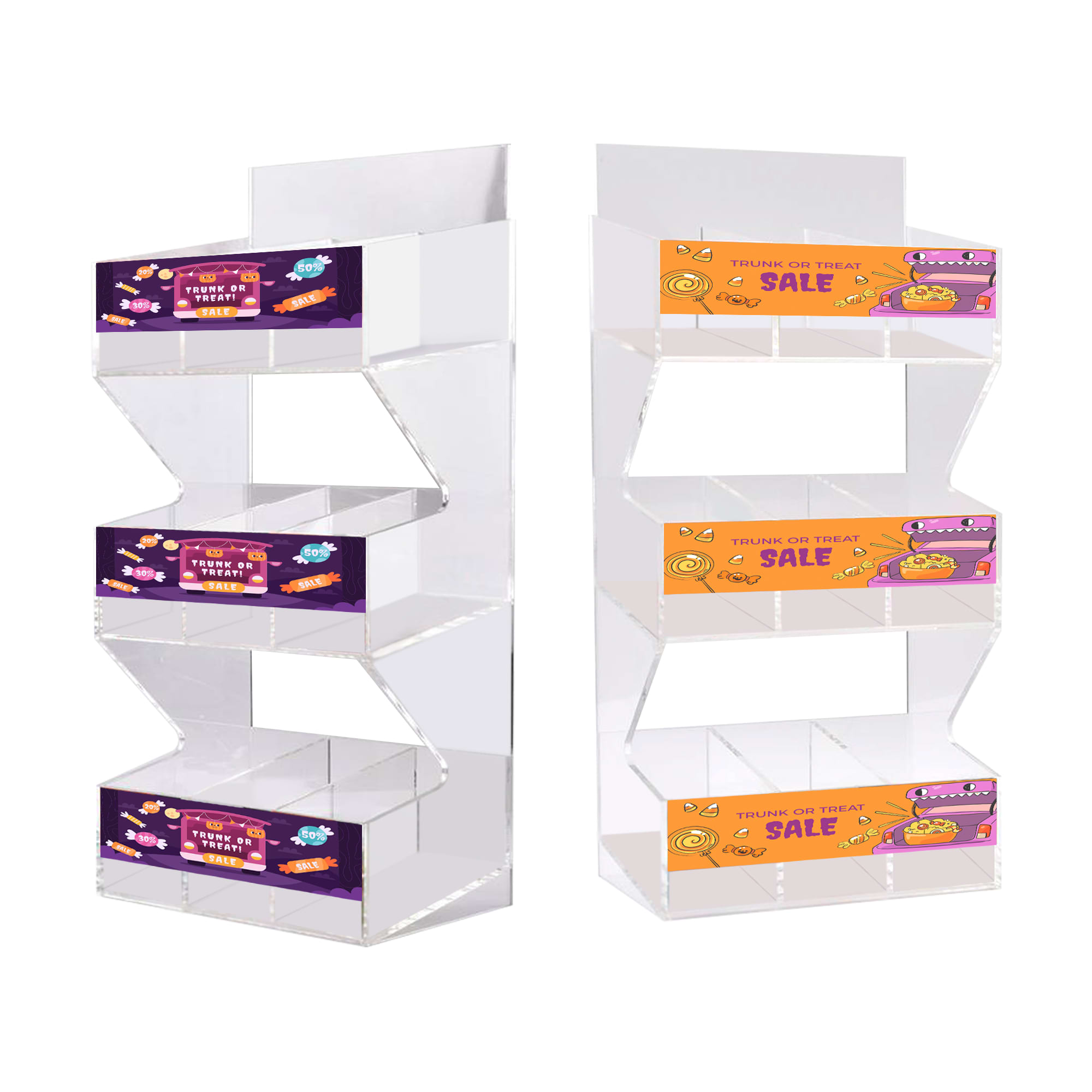 A three-level acrylic display with clear shelves and colourful promotional panels on each level. Custom Acrylic 3 Levels Display - Image 1