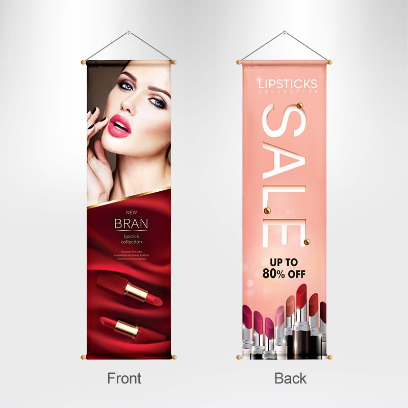 A hanging banner featuring a bold design with vibrant colours, showcasing a lipstick collection on one side and promotional text on the other. Hanging Banner - Image 1