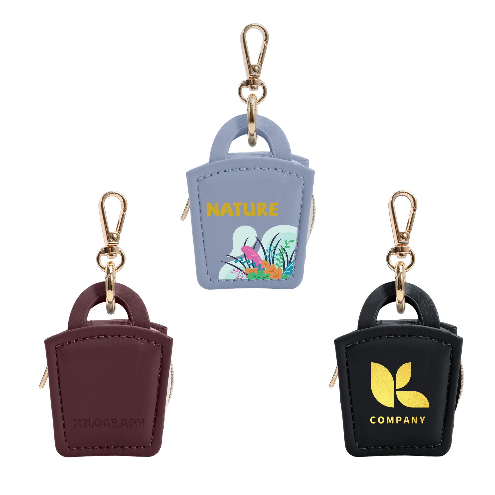 A mini PU leather jewellery box in blue, maroon, and black with gold hardware and a branding logo. Mini PU Leather Jewellery Box - Image 1