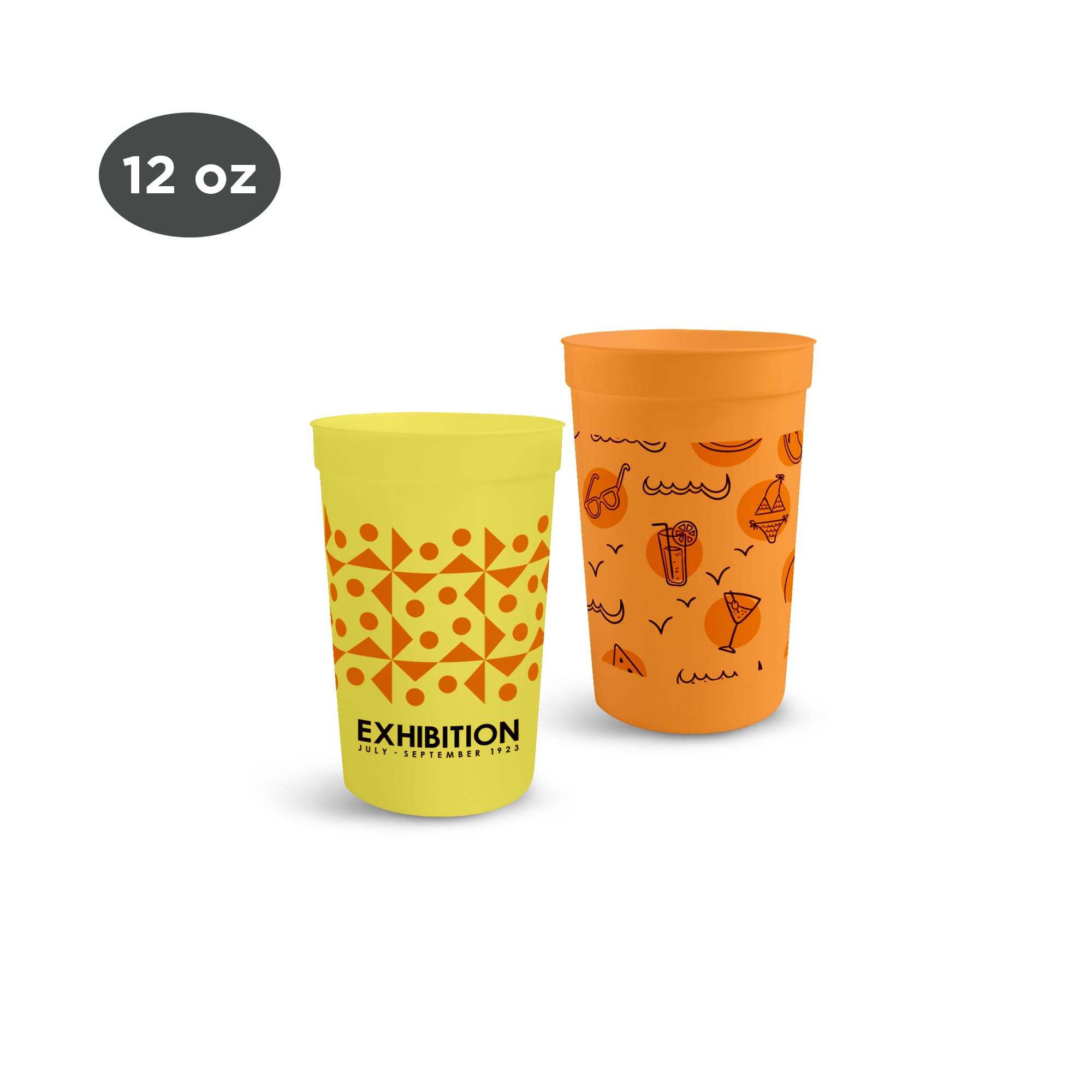 Two 355ml plastic stadium cups in yellow and orange, featuring various graphic designs and logos. 355ml Plastic Stadium Cup - Image 1