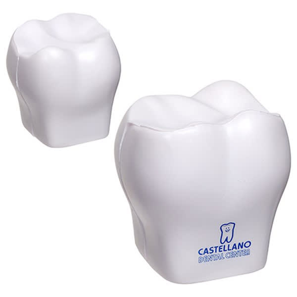 A white stress reliever shaped like a tooth, featuring a logo on the front. Brachydont Shape Stress Reliever - Image 1