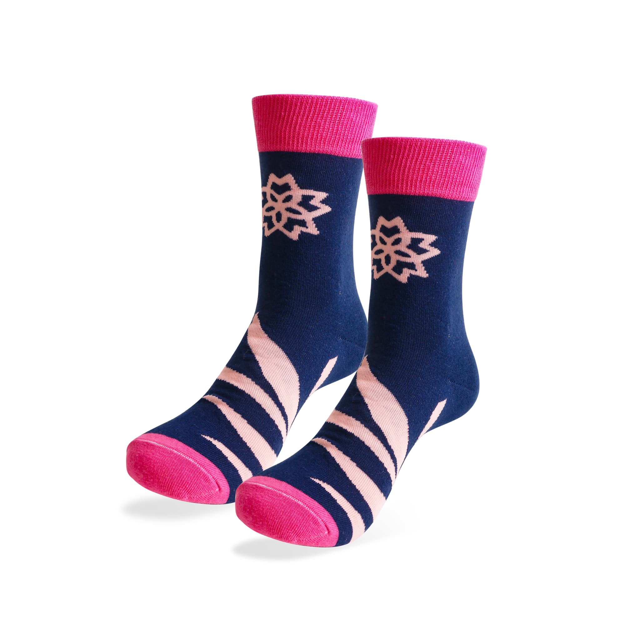Crew custom pattern woven socks featuring a navy blue base, pink accents, and a floral design. Crew Custom Pattern Woven Socks - Image 1