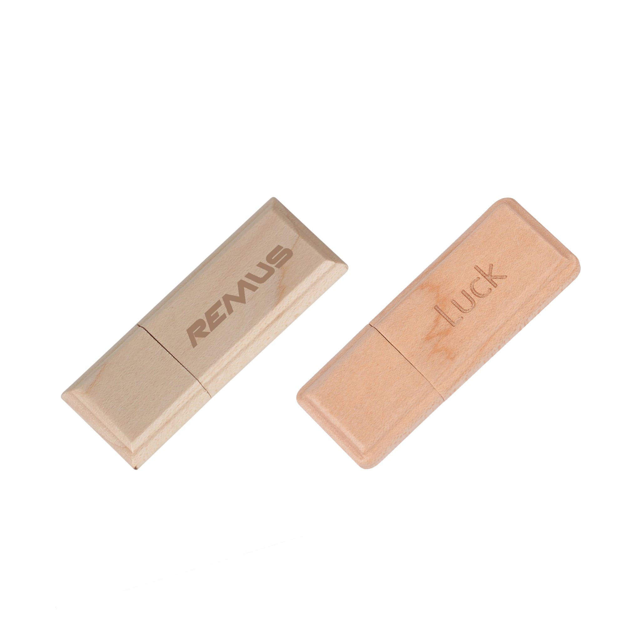 Two wooden flash drives in light beige tones, featuring engraved text and a logo on one side. Carina Flash Drive - Image 1