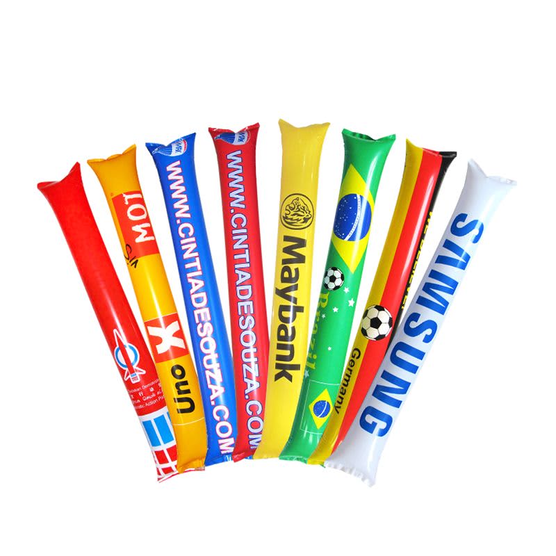 A set of colourful inflatable bang sticks in red, yellow, blue, and white, featuring various logos and designs. Cheering Bang Bang Sticks - Image 1