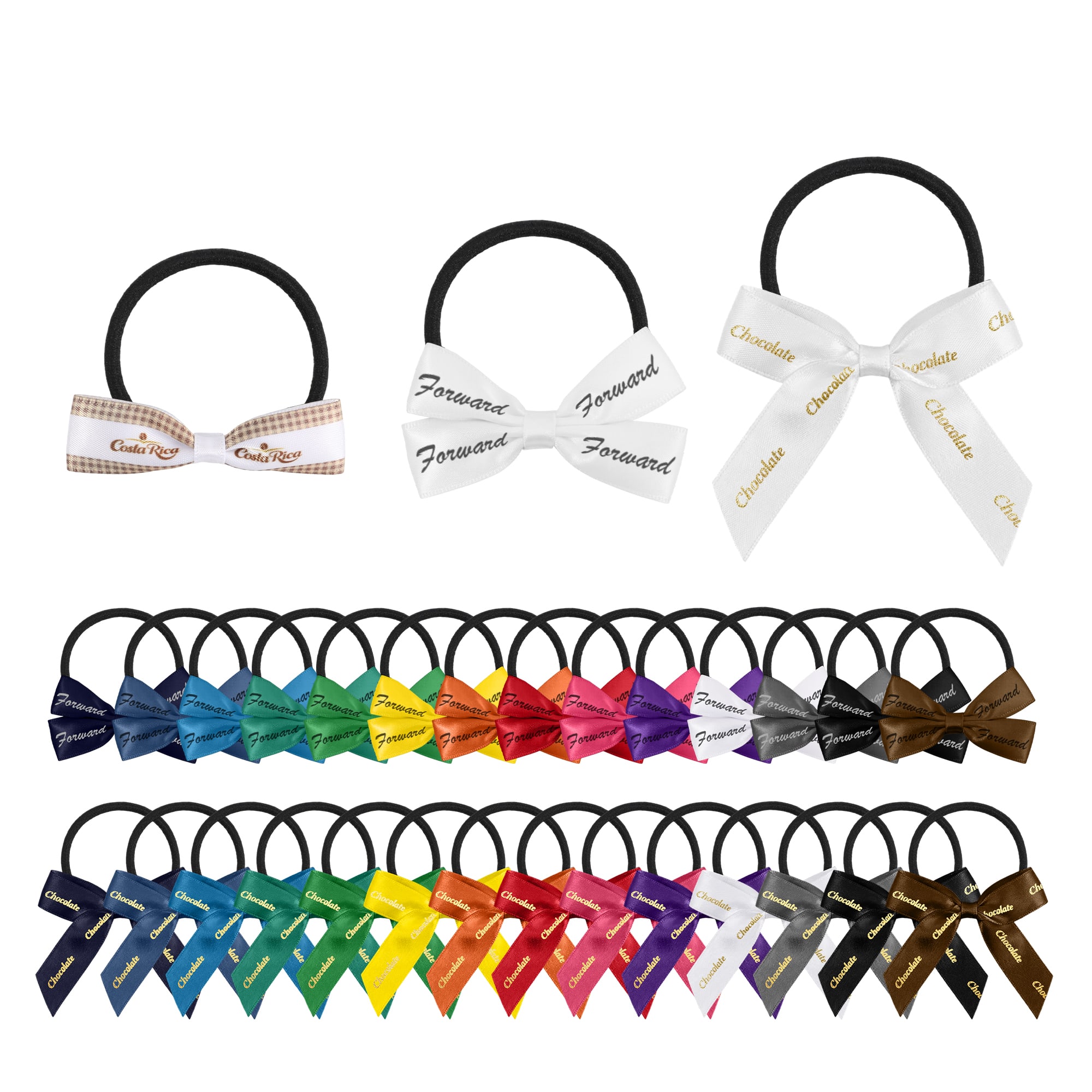 Elastic hair bows in various colours, including black, white, blue, and brown, displayed on black hair ties. Elastic Hair Bows - Image 1