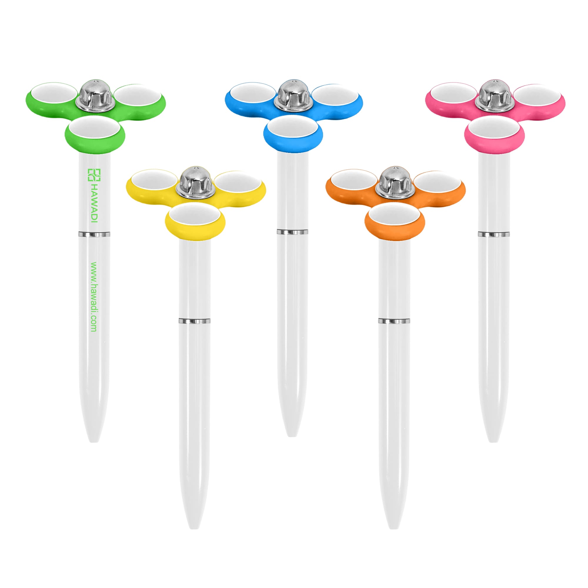 A collection of five white fidget pens in green, blue, yellow, and orange, each featuring a logo. Spinning Topper Fidget Pen B - Image 1