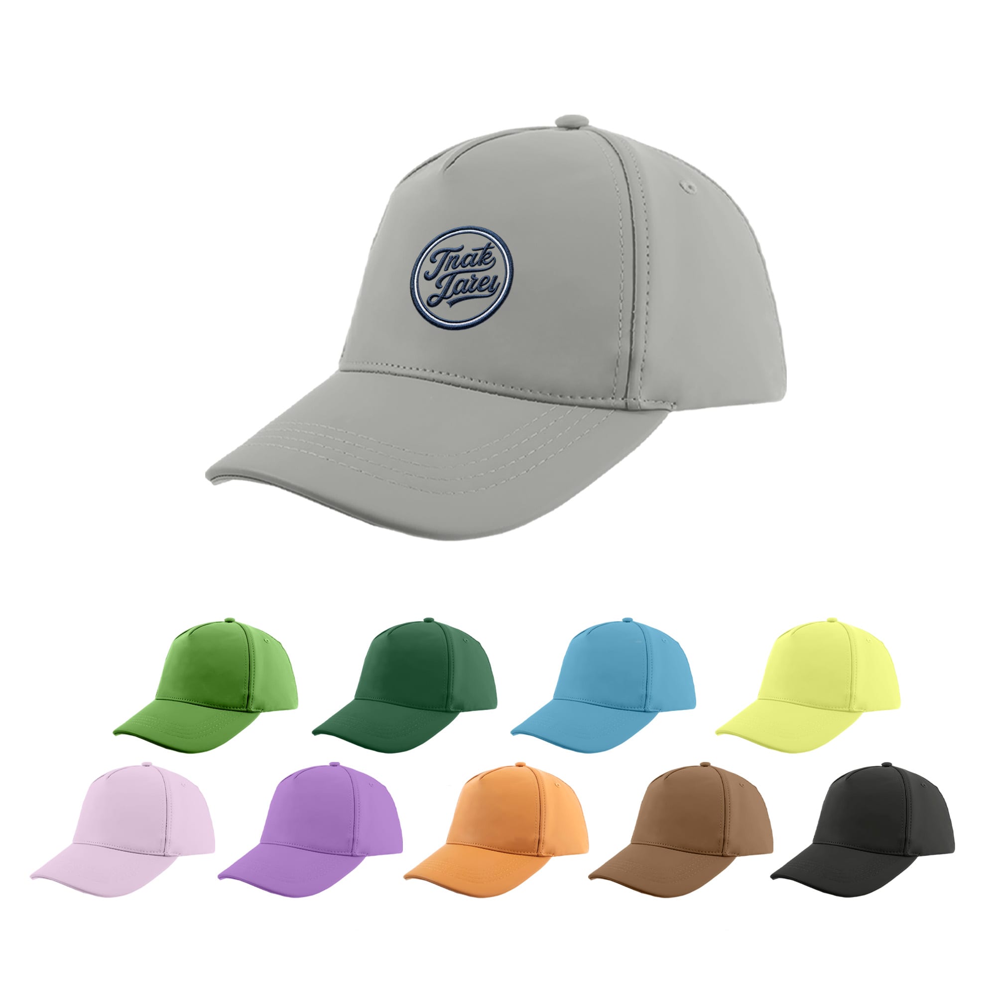 A grey PU leather baseball cap with a logo, surrounded by caps in various colours, including green, yellow, purple, and black. PU Leather Baseball Cap - Image 1