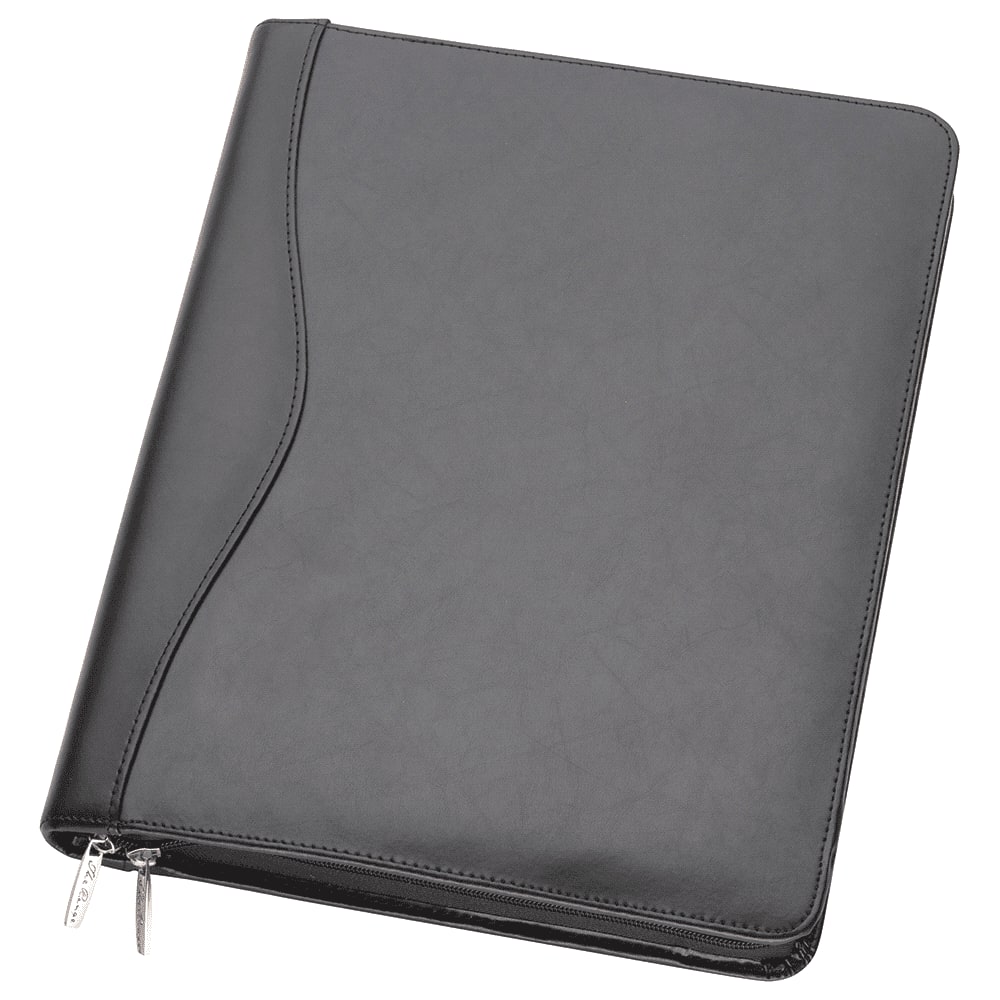 A black leather compendium featuring a zip closure and a stylish, curved design, includes a logo. The Executive Deluxe A4 Leather Compendium - Image 1