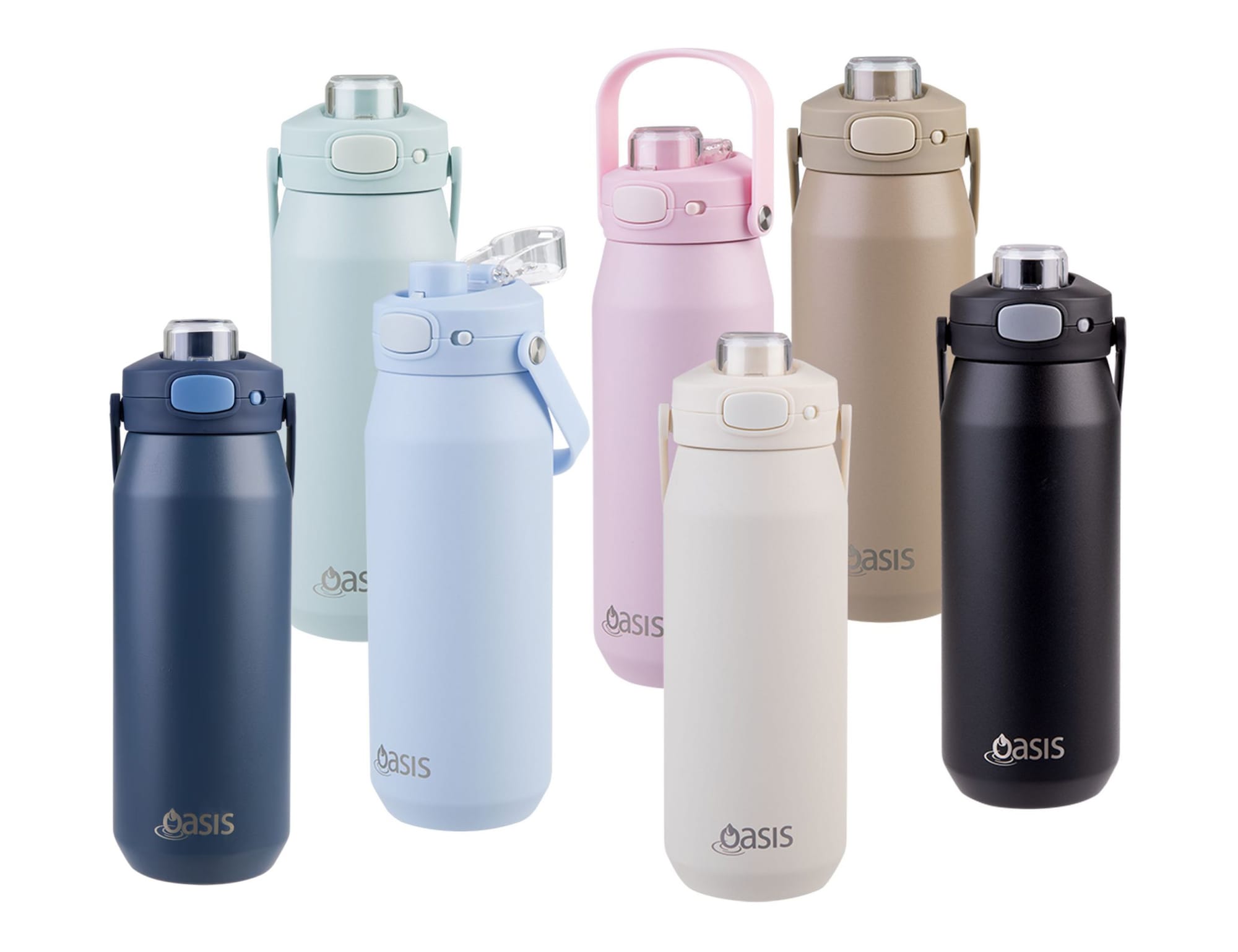 A drink bottle collection featuring various colours, including navy, light blue, pink, beige, and black, with a quick release lid. Oasis Capri 750ml Vacuum Quick Release Lid Bottle - Image 1