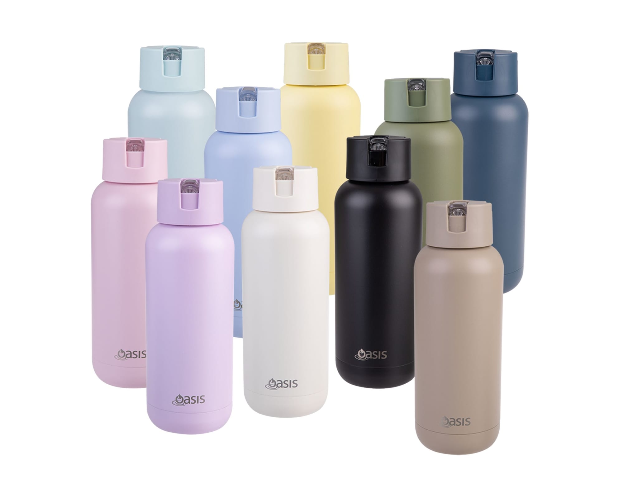 A drink bottle collection featuring various colours, including pastel blue, yellow, green, pink, white, black, and beige. Each has a logo. Oasis Moda 1L Vacuum Bottle - Image 1
