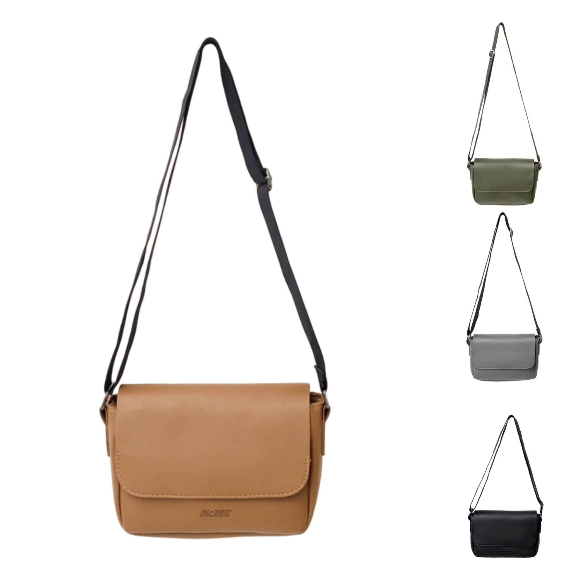 Polyurethane shoulder bag in tan with a black strap, alongside grey, olive, and black versions. Features a logo. Polyurethane Shoulder Bag - Image 1