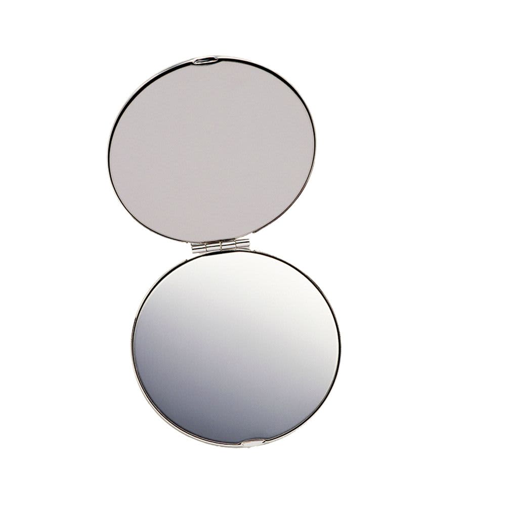 A silver compact mirror with a polished finish, featuring two reflective surfaces inside. Silver Compact Mirror - Image 1