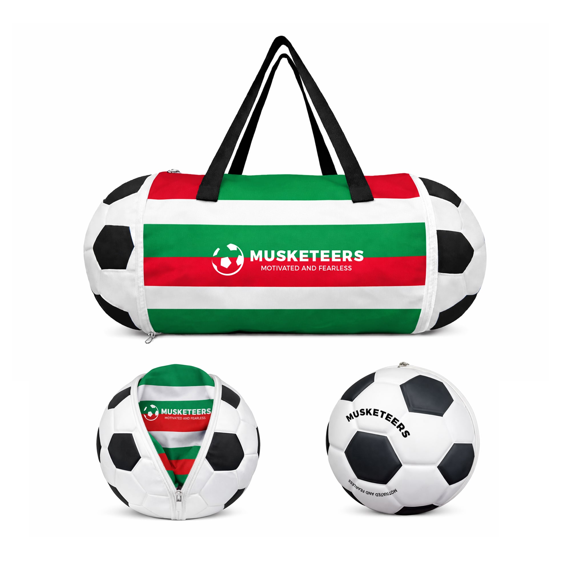 A foldable duffel bag designed to resemble a soccer ball, featuring green, white, and red stripes, with a logo. Full Colour Foldable Duffel Bag - Image 1