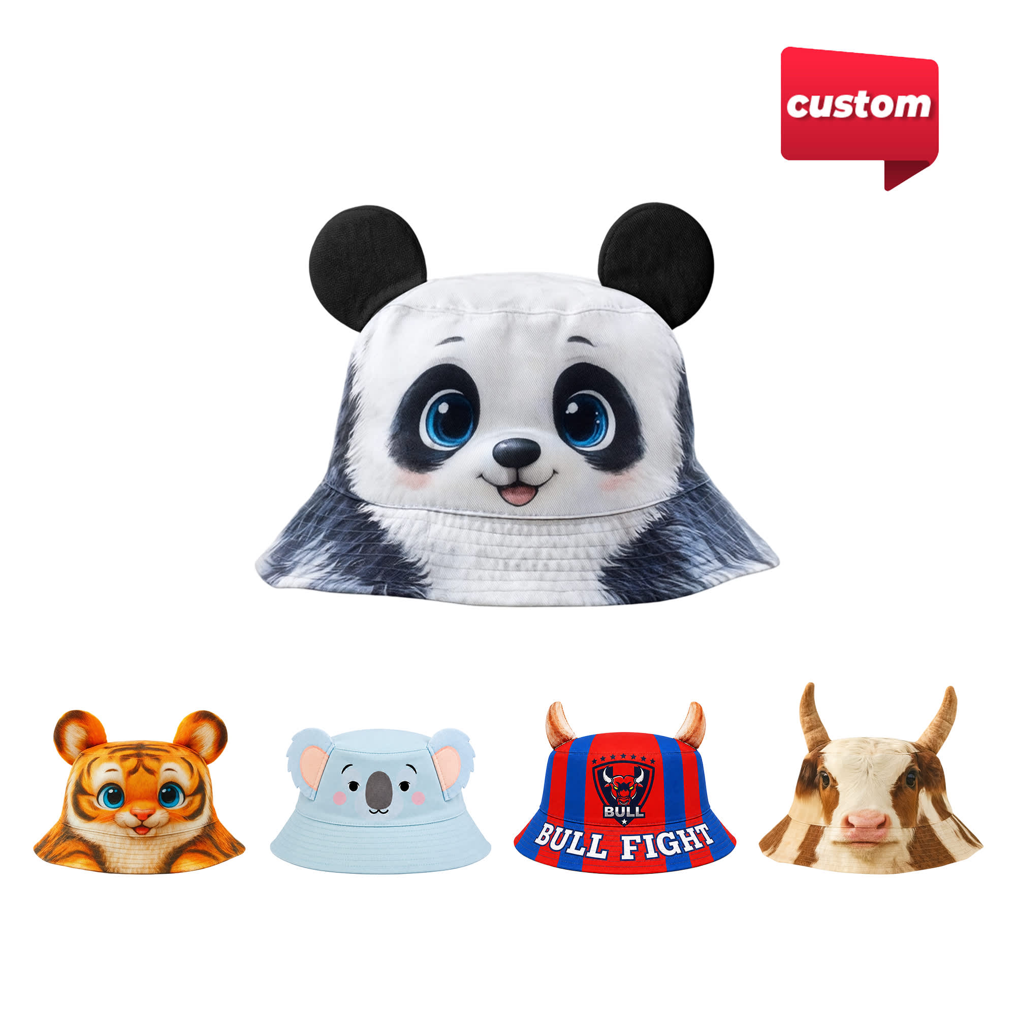 A panda-themed bucket hat with animal ears, featuring a cartoonish design in black, white, and grey. Custom Animal-Ear Bucket Hat - Image 1