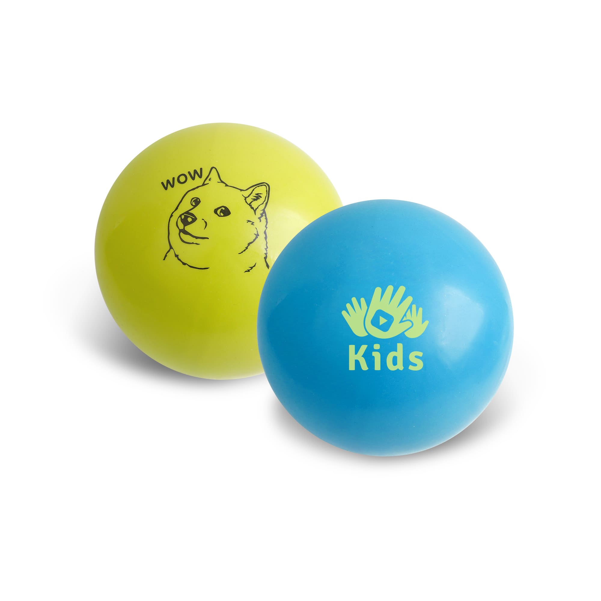 Two inflatable PVC balls in vibrant colours: one yellow with a dog illustration, and one blue featuring a "Kids" design and logo. Inflatable PVC Ball - Image 1