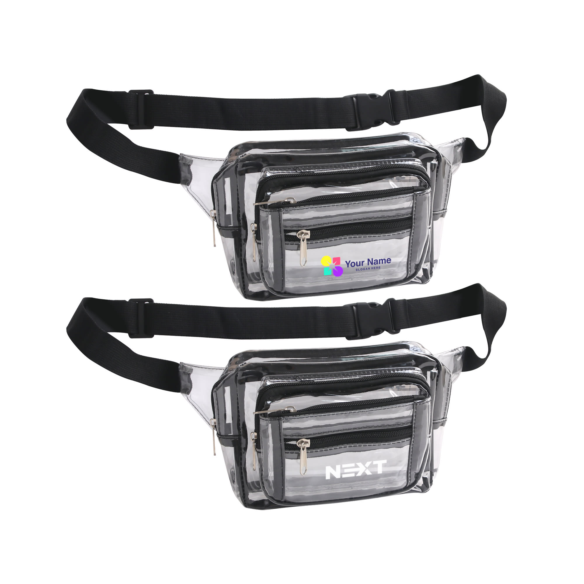 A transparent multi-layer waist bag with black accents and multiple zippered compartments. It features a logo. Multi Layer Transparent Waist Bag - Image 1