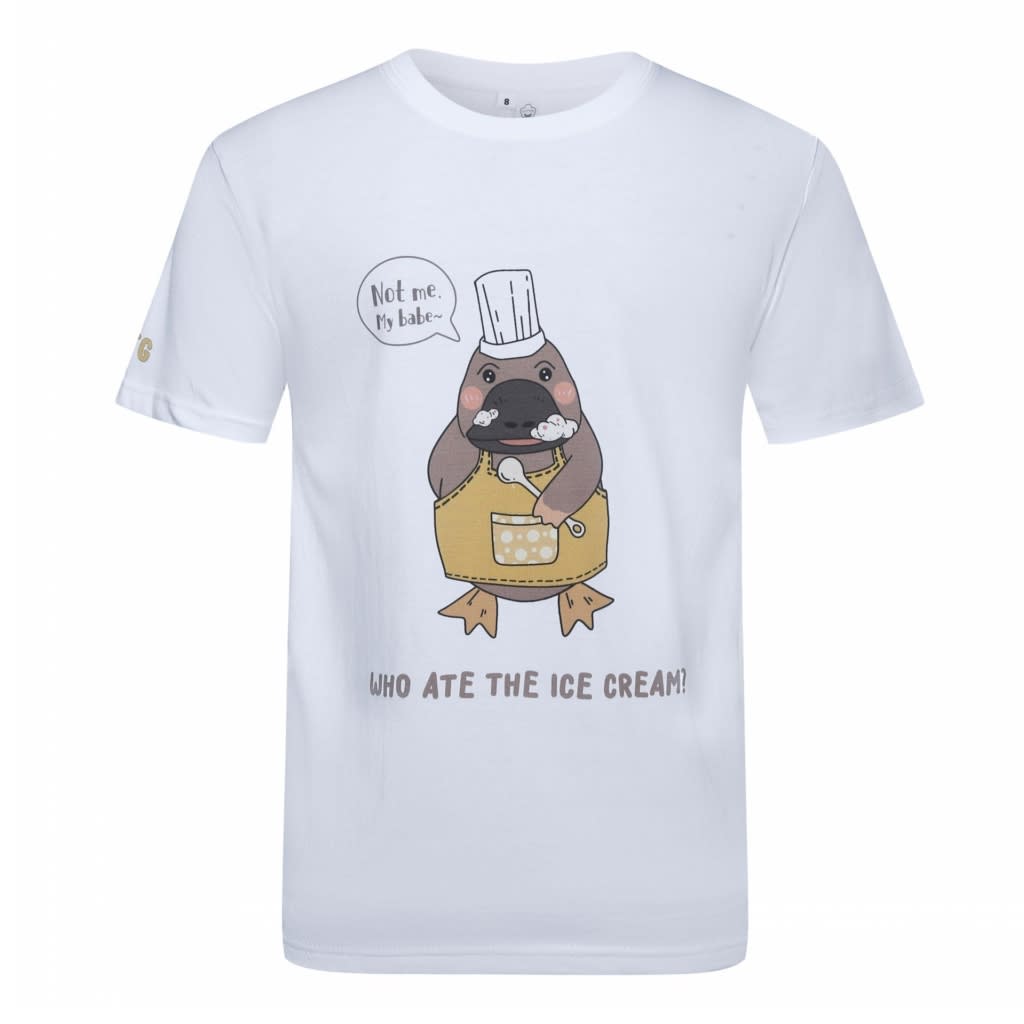 A white cotton t-shirt featuring a cartoon platypus in a chef's outfit with a playful slogan. Blank Cotton Tee Vinyl Print - Image 1