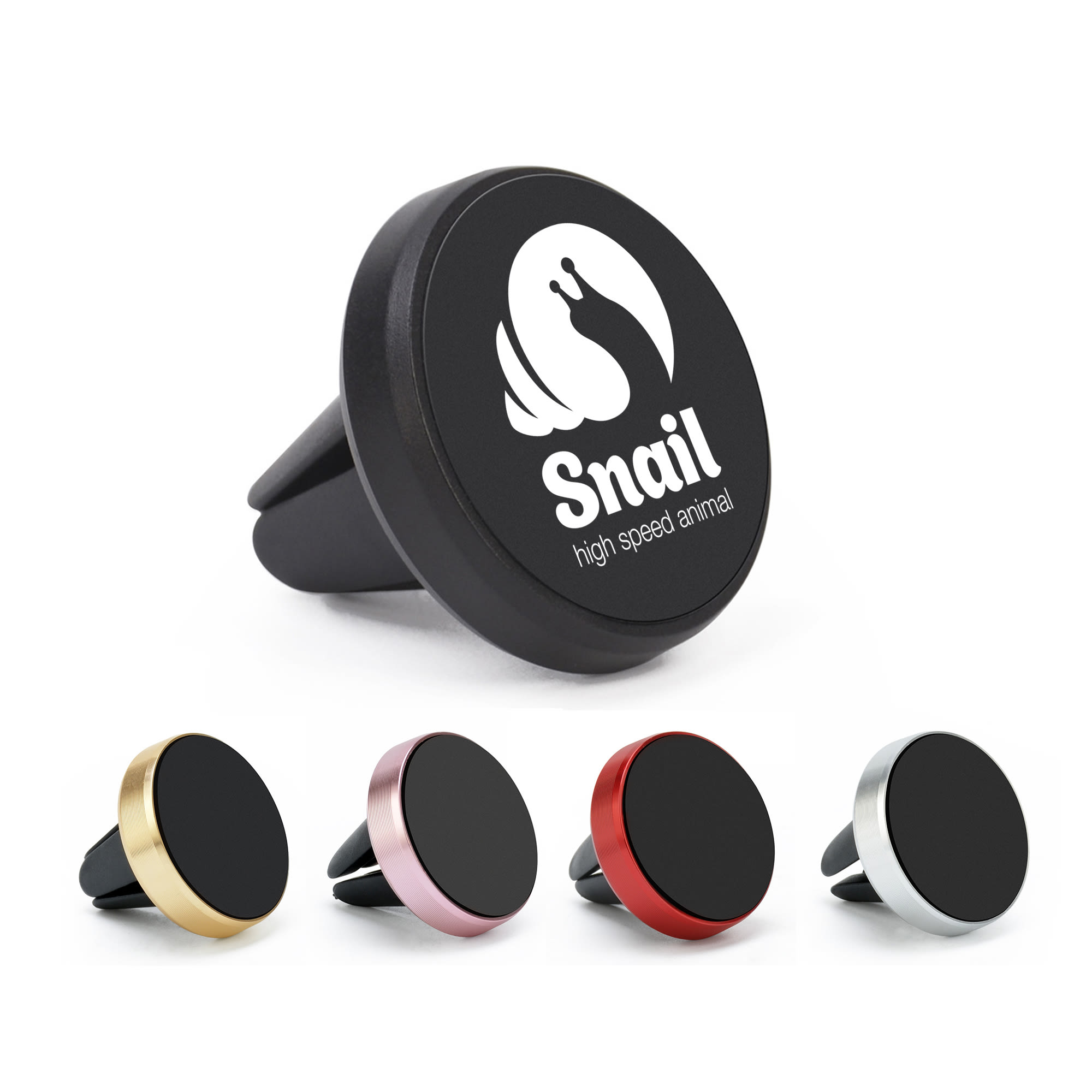 A clip-on car phone holder in black, with four additional holders in gold, pink, red, and silver. Each has a logo. Clip-on Car Phone Holder - Image 1