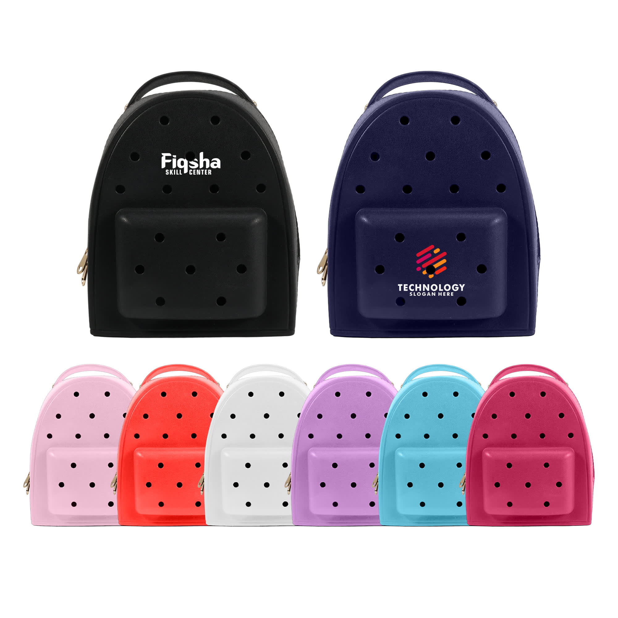 A collection of EVA Holes Backpacks in black, navy, pink, white, and purple, featuring a logo on each. EVA Holes Backpack - Image 1