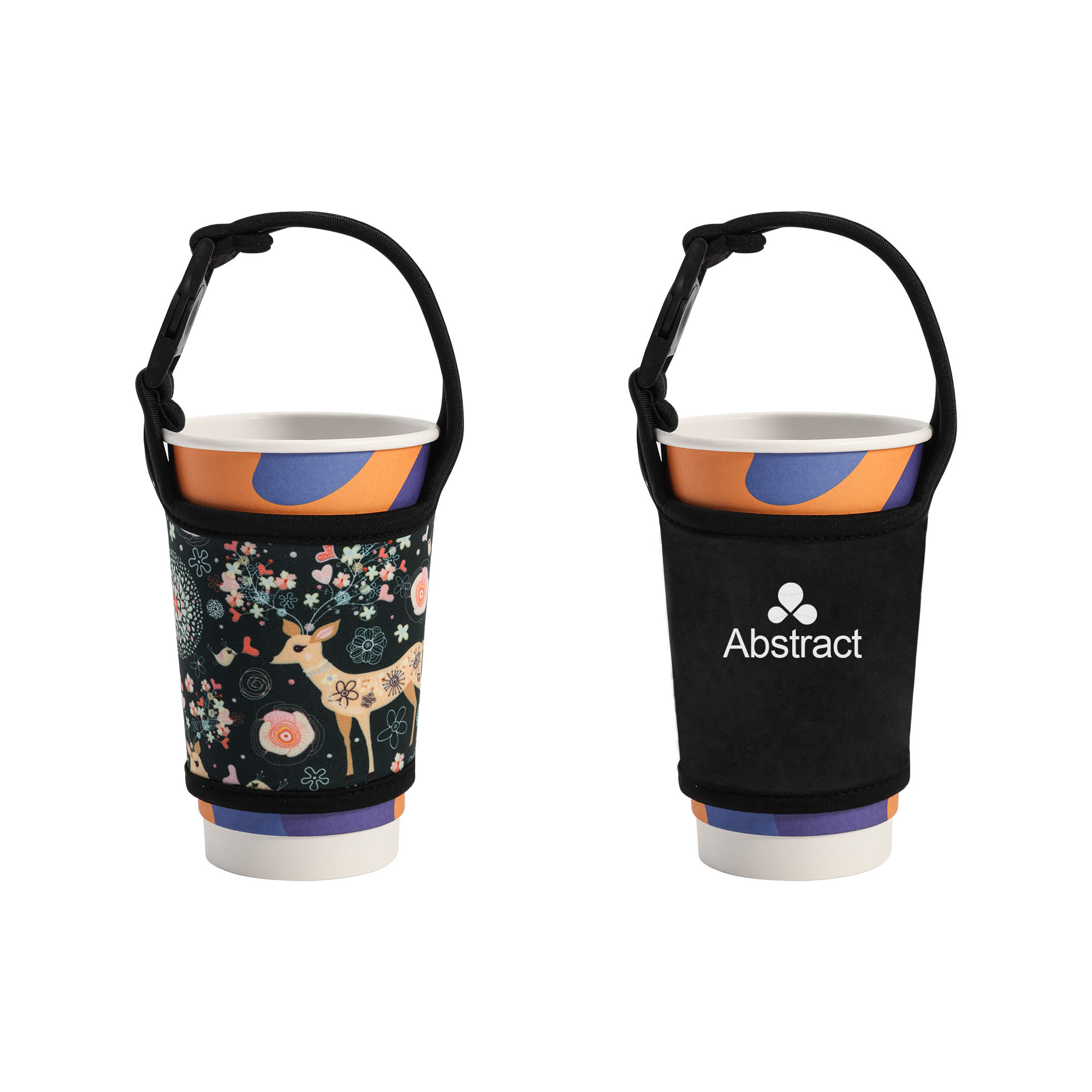 A drink bottle sleeve in black featuring a floral deer design with vibrant colours. It has a logo on one side. Cup Pouch Sleeve - Image 1