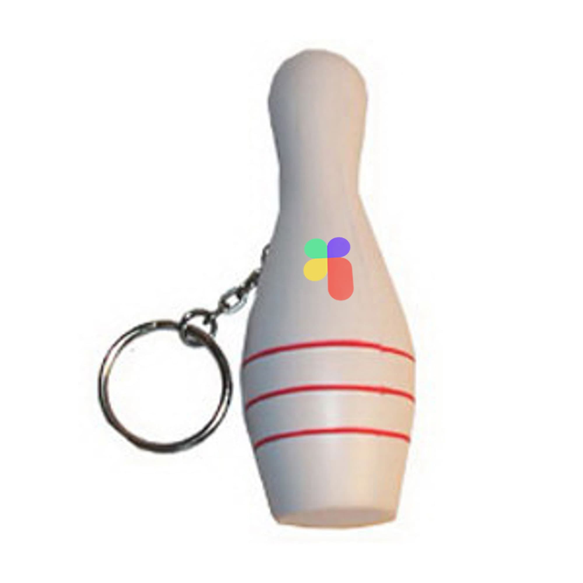 A white bowling pin stress reliever keyring with red stripes and a circular logo. Keyring with Bowling Pin Stress Reliever - Image 1