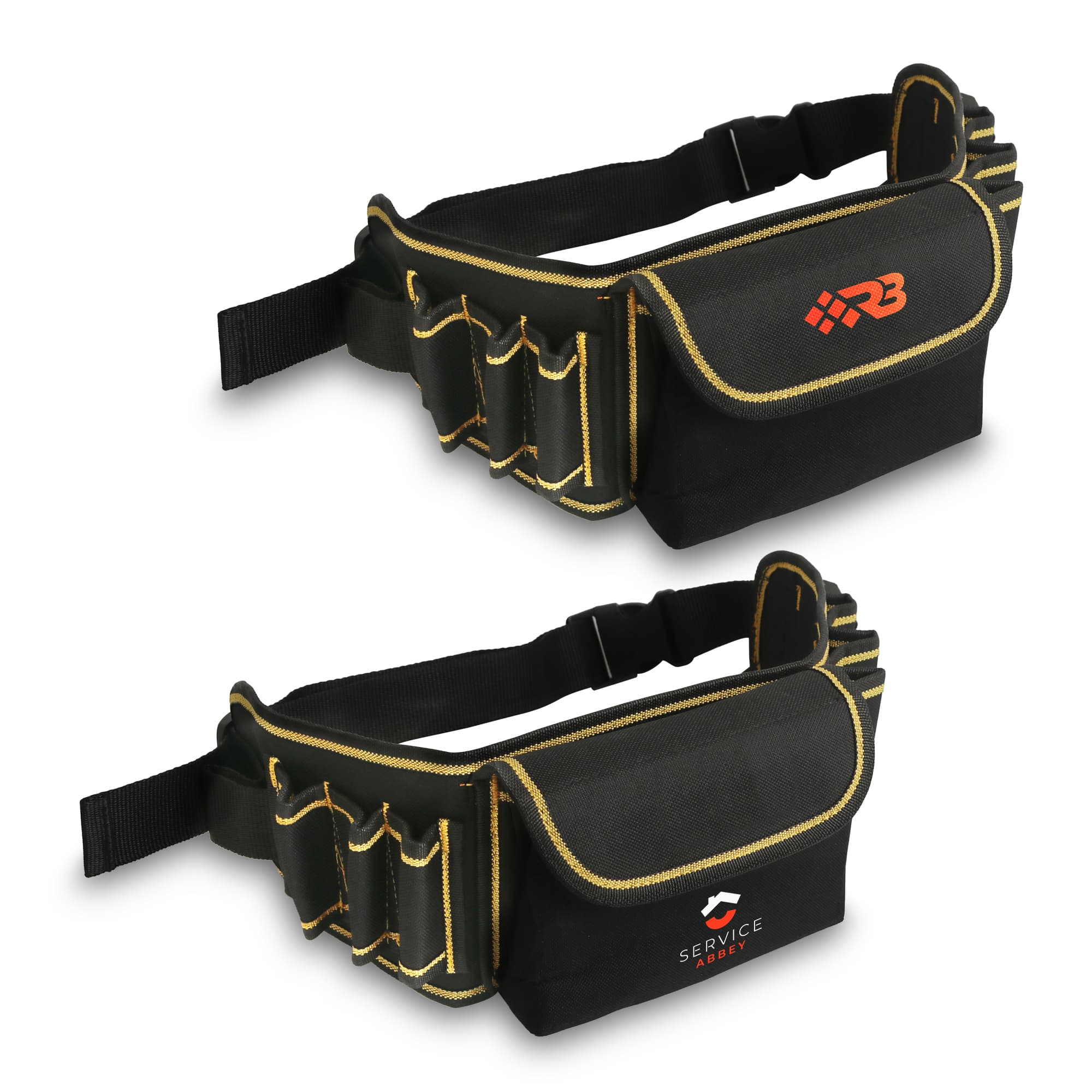 A black waist tool bag featuring orange accents and multiple pockets for tools, with two different logos on display. Waist Tool Bag - Image 1