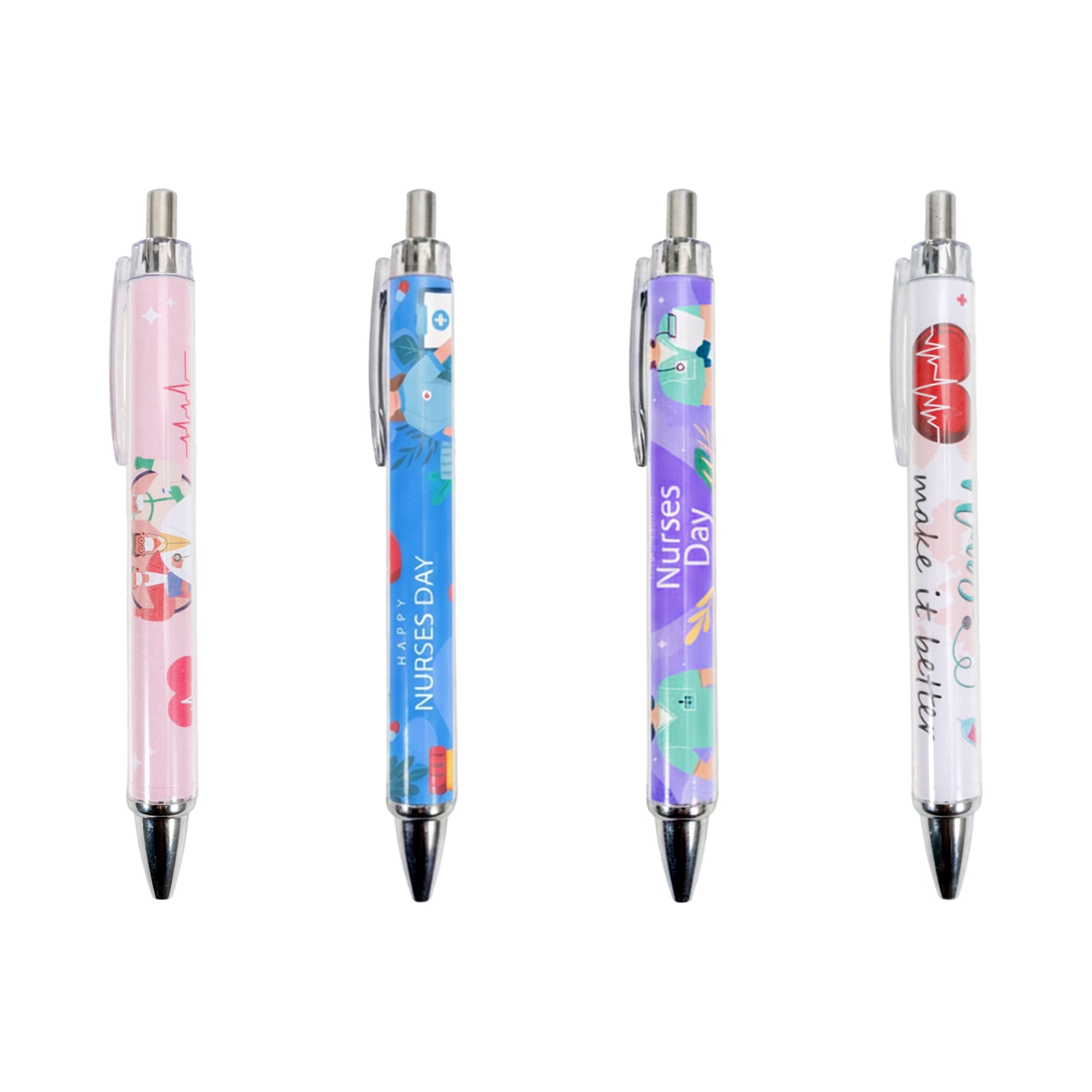 Four ballpoint pens in pink, blue, purple, and white, featuring various colourful designs and a logo. Insert Paper Ballpoint Pen - Image 1