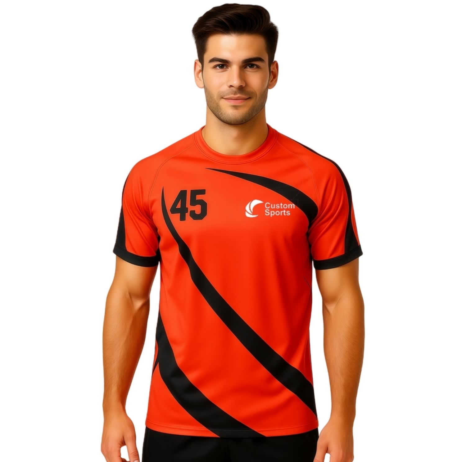 An orange and black crew neck sport tee with a logo and number on the front, featuring a raglan style design. 100% Polyester Micro Mesh Sublimated Crew Neck Raglan Sport Tee Shirt - Image 1
