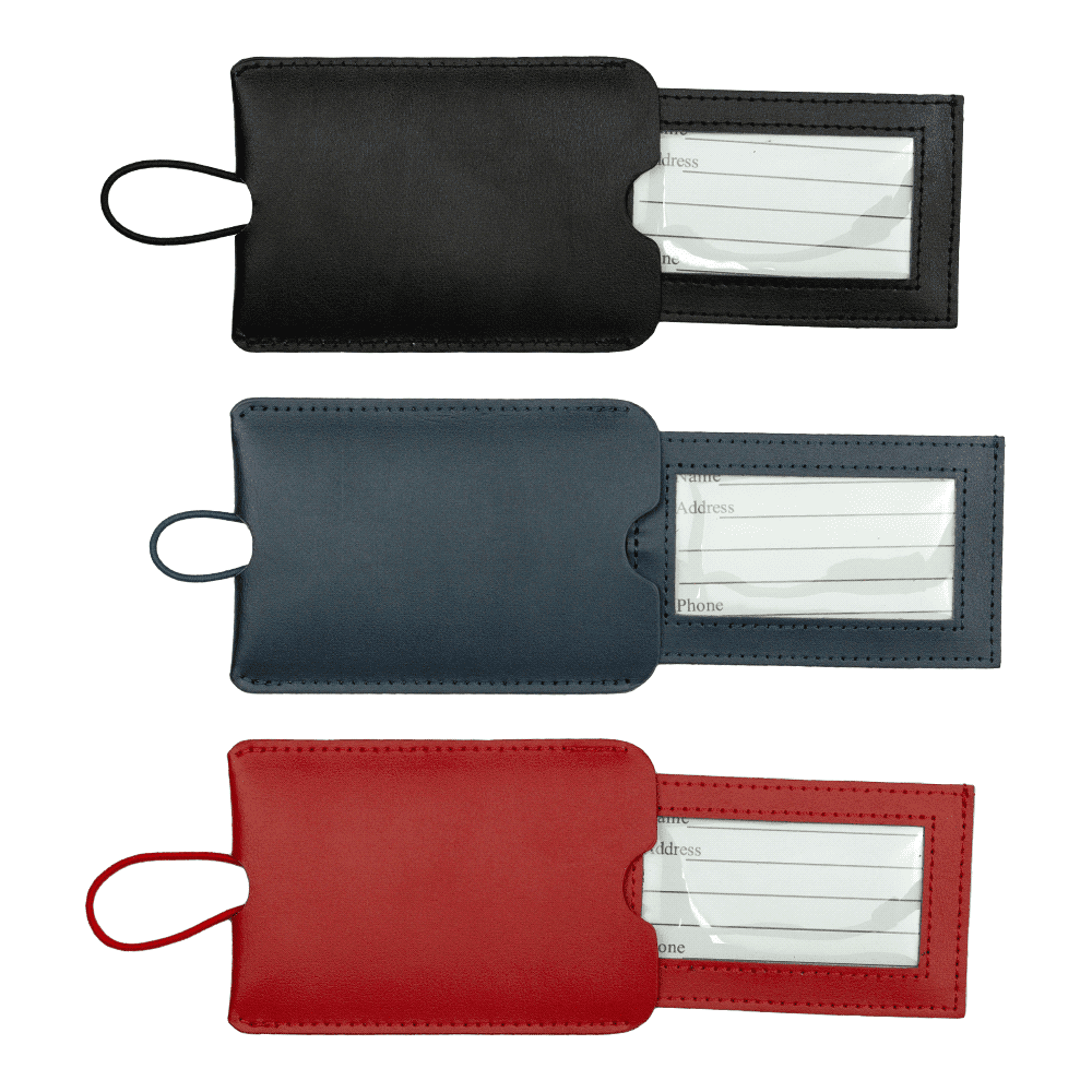 A set of pull-apart leather luggage tags in black, navy, and red, each with a clear window for information. Pull-Apart Leather Luggage Tag - Image 1